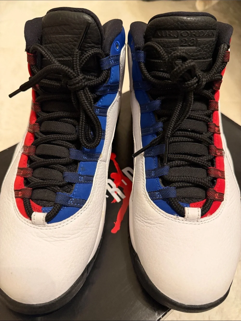 Jordan White Leather Sneakers with Red & Blue Accents